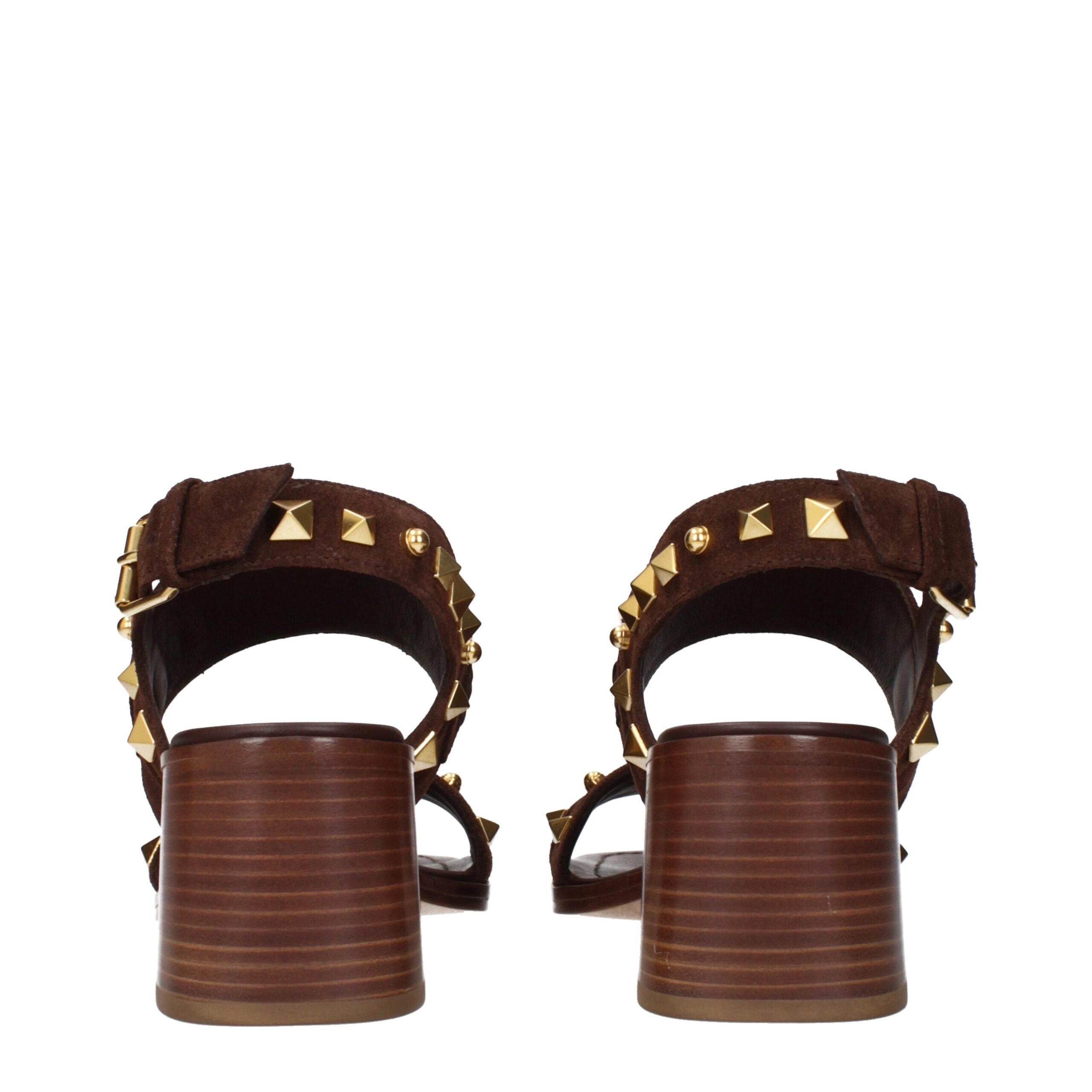 Valentino Garavani Brown Suede Studded Strap Sandals with Logo