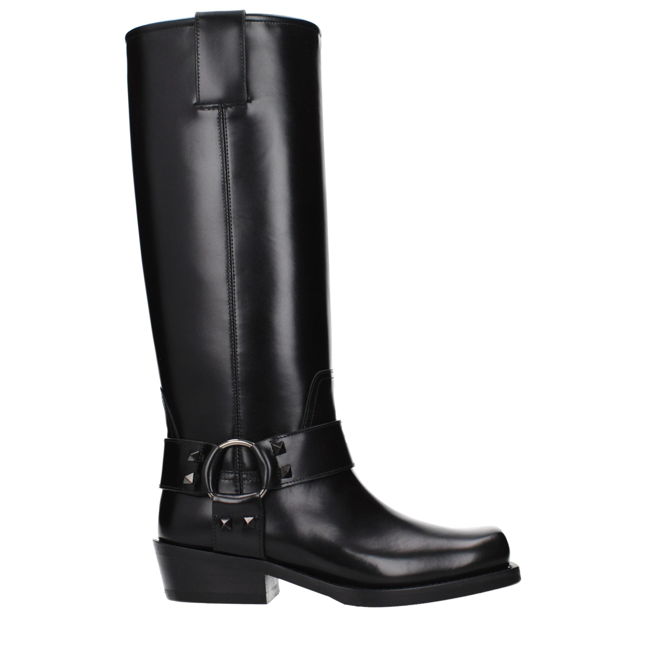 Valentino Garavani Black Leather Studded Flat Boots Square Toe