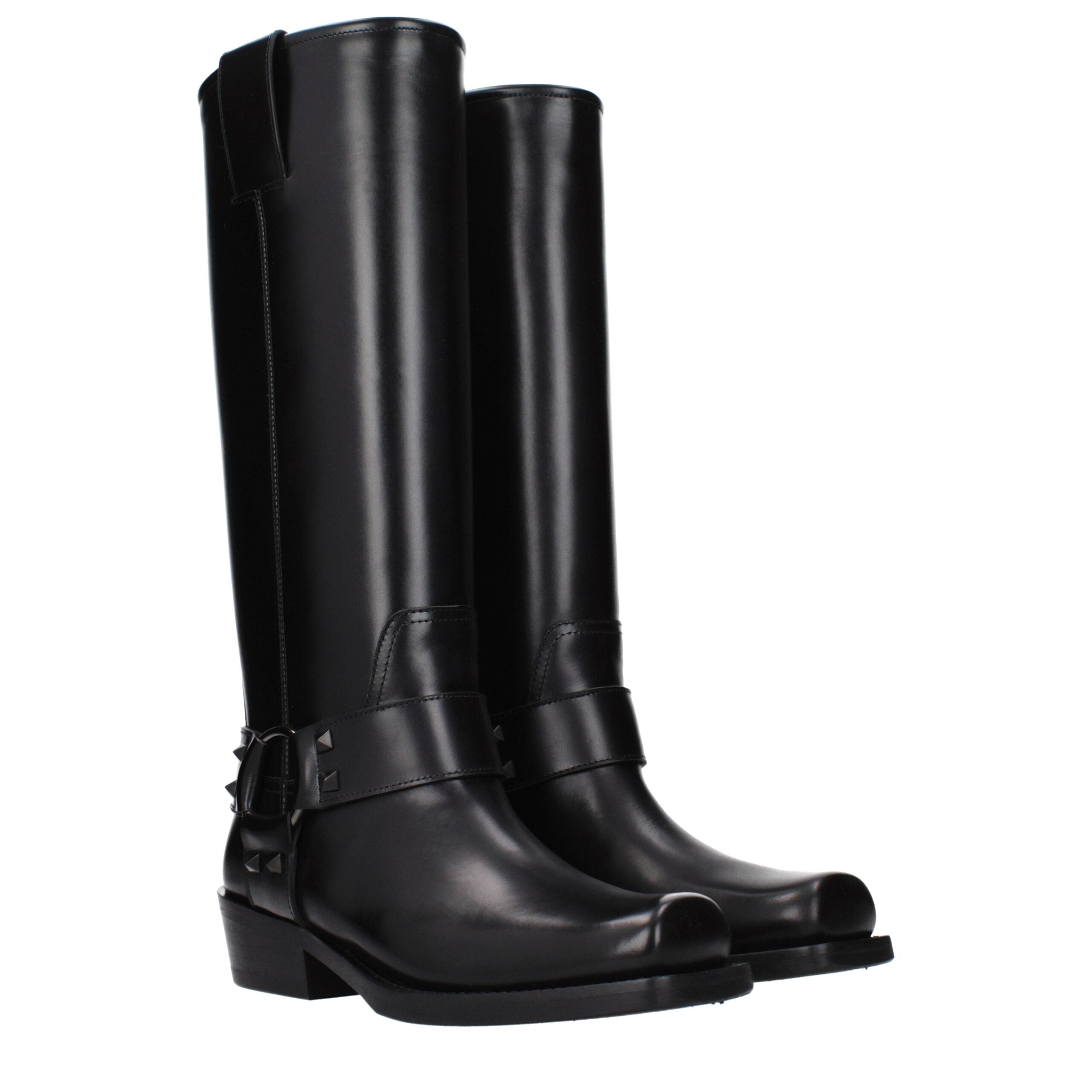 Valentino Garavani Black Leather Studded Flat Boots Square Toe