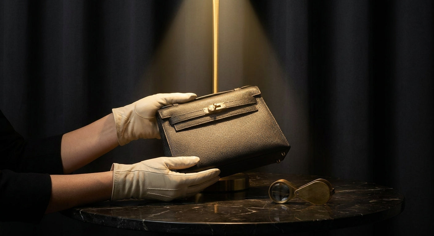 Gloved hands carefully inspecting a luxury handbag under focused light on a dark marble surface with a magnifying loupe nearby.