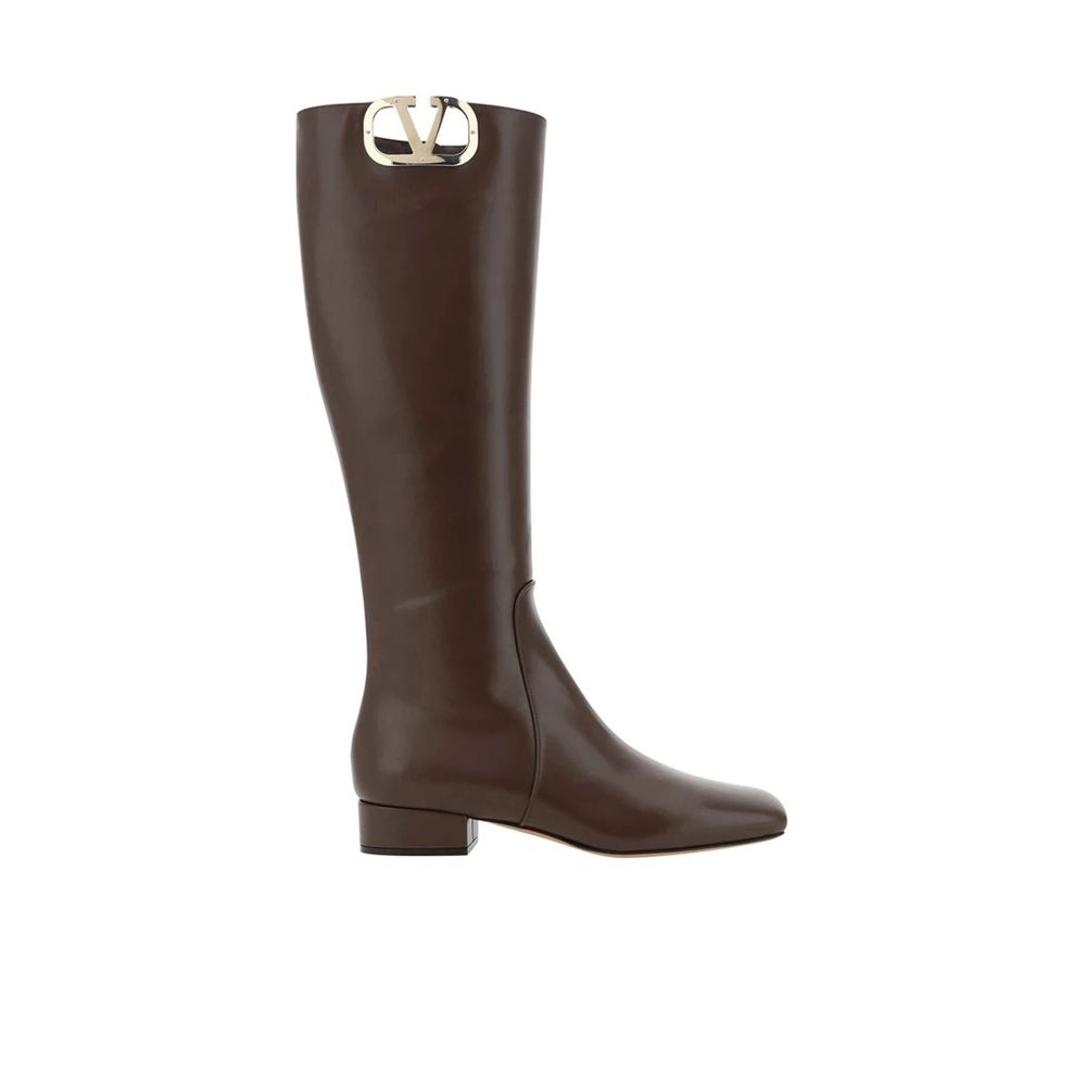 Valentino Garavani VLogo Brown Calfskin Flat Boots Square Toe Side Zip