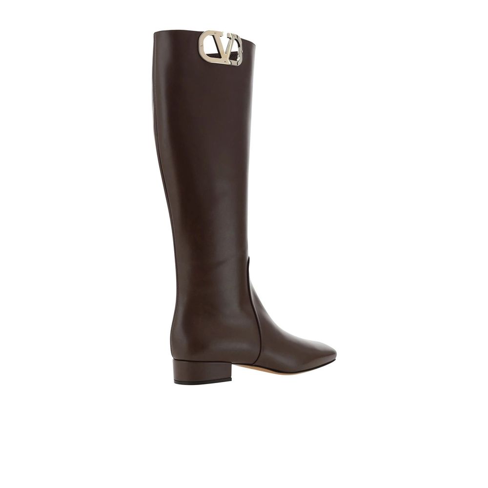 Valentino Garavani VLogo Brown Calfskin Flat Boots Square Toe Side Zip