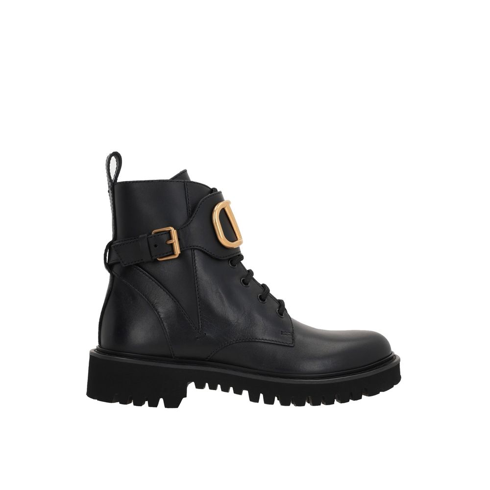 Valentino Garavani VLogo Black Calfskin Lace-Up Ankle Boots Gold Detail