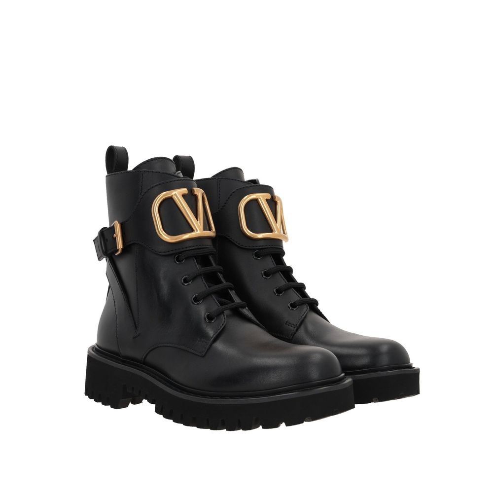 Valentino Garavani VLogo Black Calfskin Lace-Up Ankle Boots Gold Detail