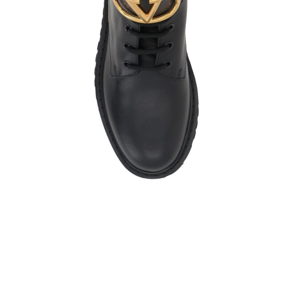 Valentino Garavani VLogo Black Calfskin Lace-Up Ankle Boots Gold Detail