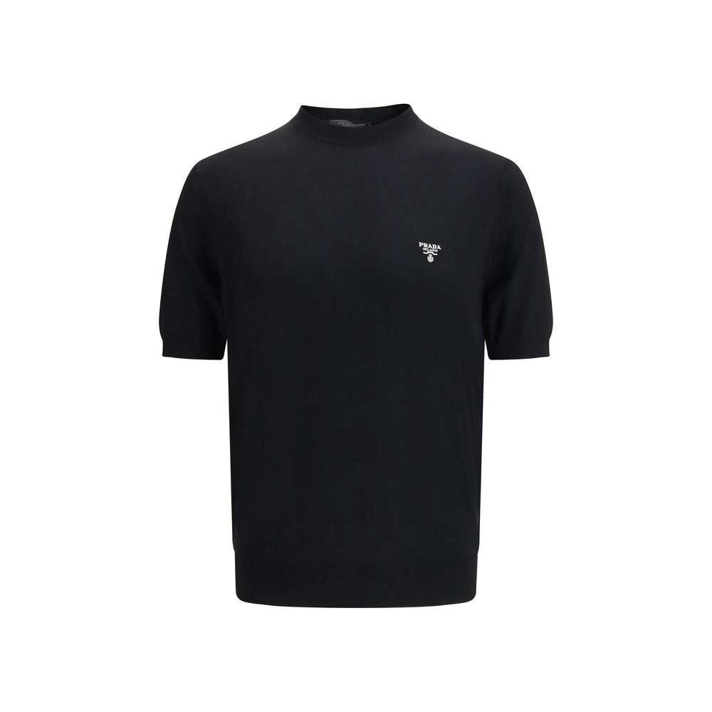 Prada Virgin Wool Knit T-Shirt — Black with Embroidered Logo | Men