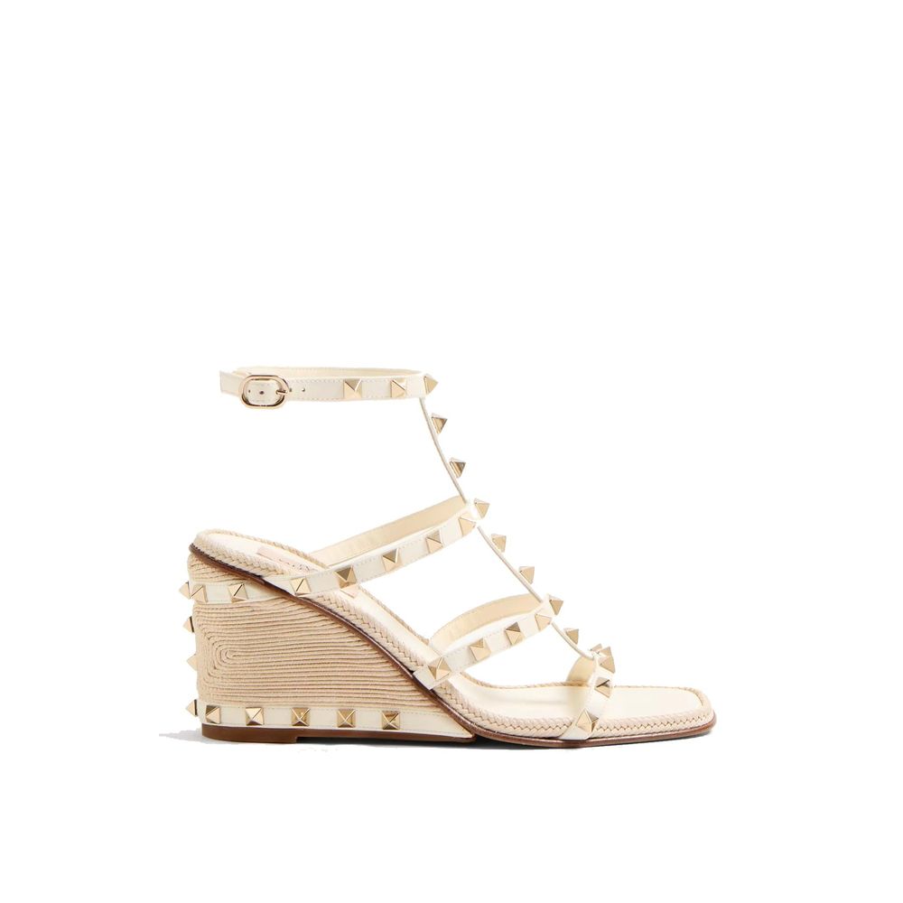 Valentino Garavani Beige Calfskin Wedge Sandals Ankle Buckle 8cm