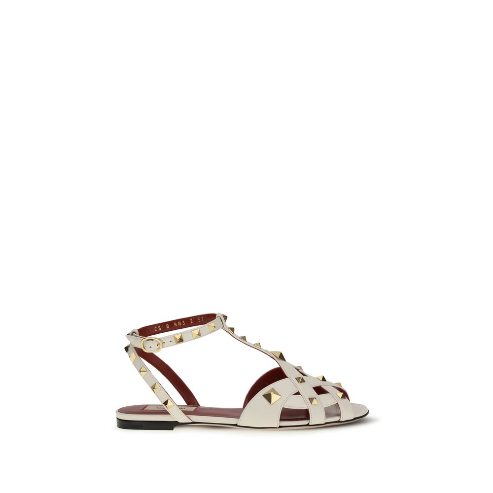 Valentino Garavani Studdy Beige Goatskin Flat Sandals Antique Brass Studs