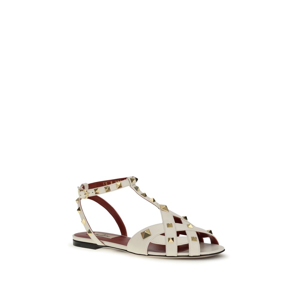 Valentino Garavani Studdy Beige Goatskin Flat Sandals Antique Brass Studs