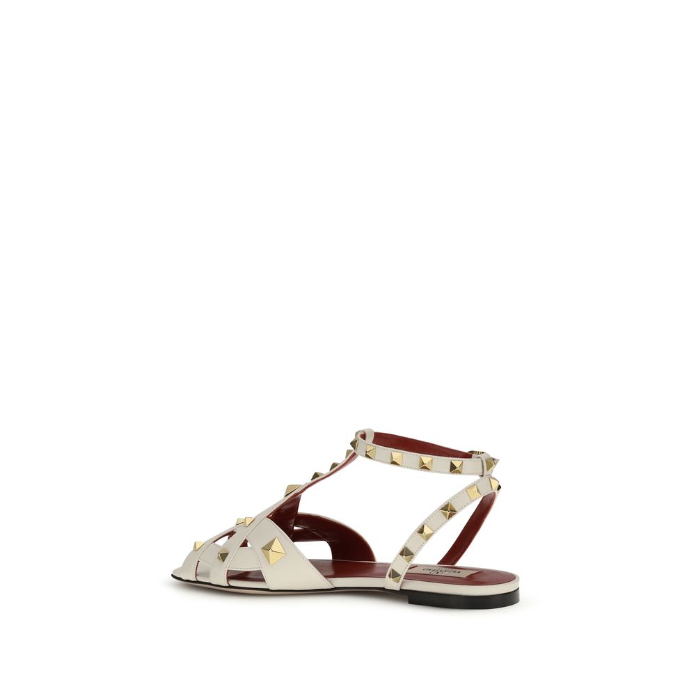 Valentino Garavani Studdy Beige Goatskin Flat Sandals Antique Brass Studs
