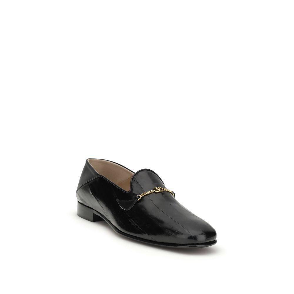 Valentino Garavani Jiggie Black Calfskin Loafers VLogo Chain Collapsible Heel