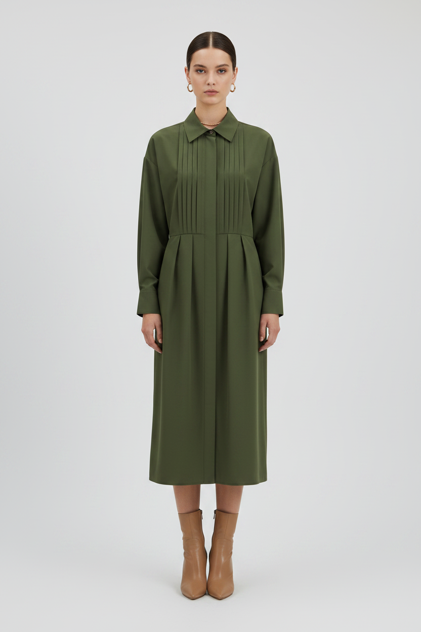 Givenchy Pleated Poplin Shirt Dress in Khaki Green