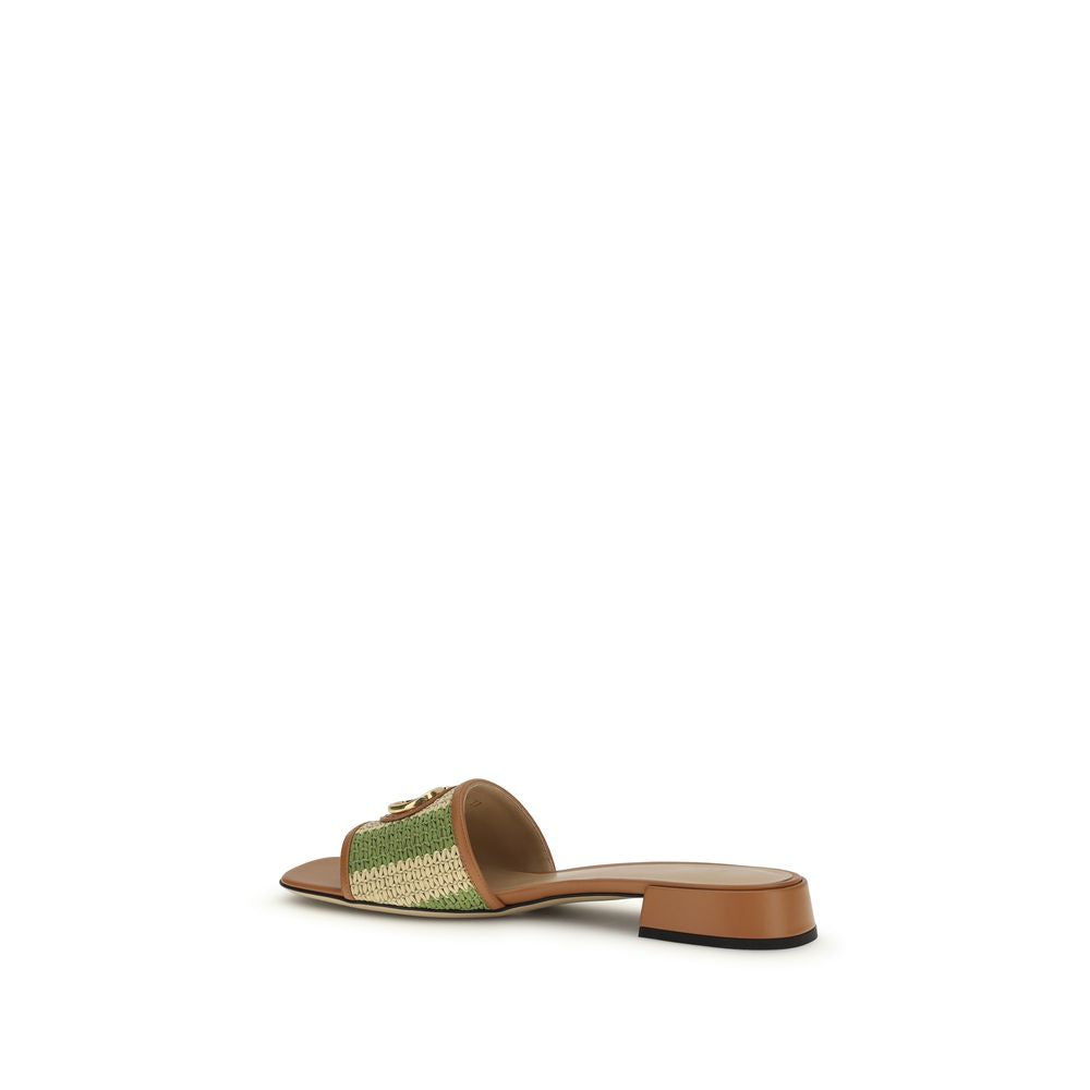 Valentino Garavani VLogo Signature Multicolor Striped Raffia Flat Slide Sandals