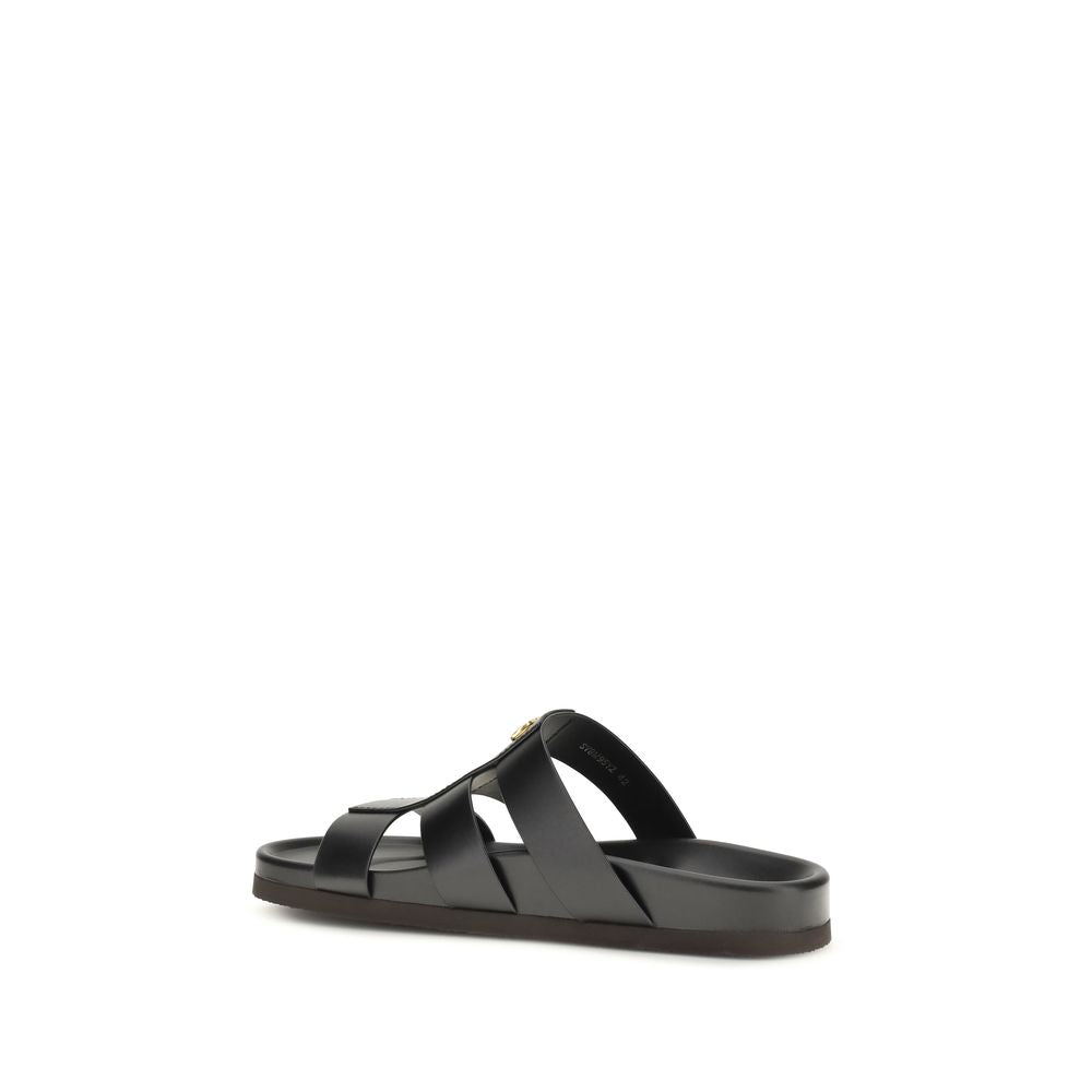 Valentino Garavani Studshield Black Calfskin Cage Slide Sandals VLogo