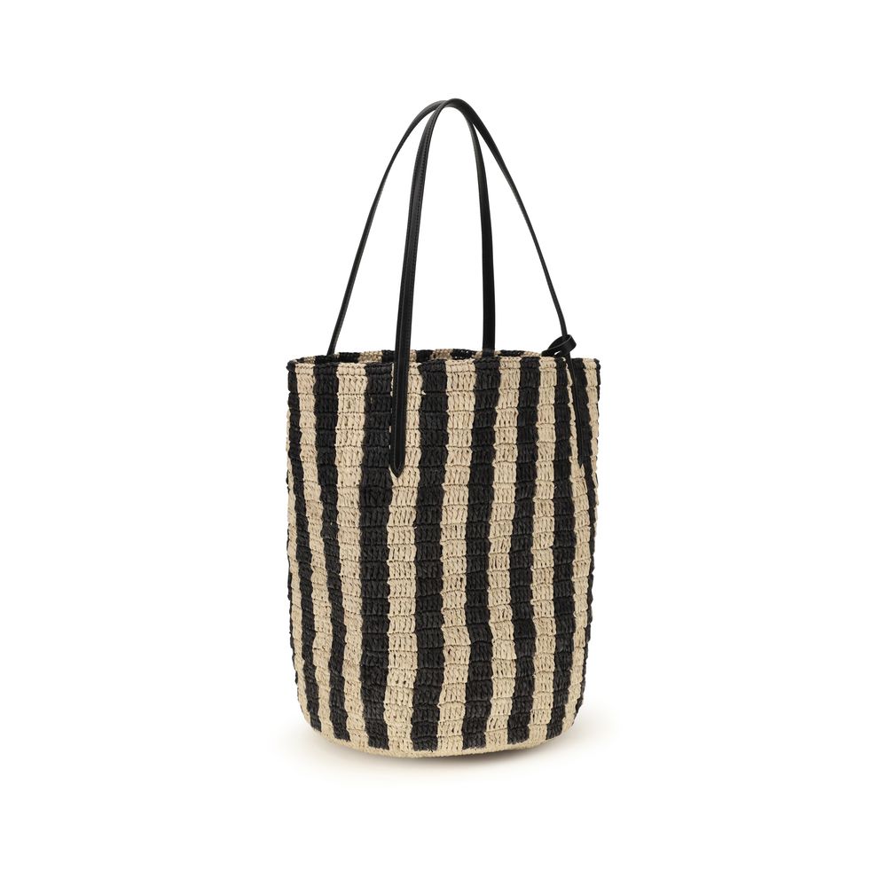 Valentino Garavani Black Striped Raffia Bucket Bag VLogo