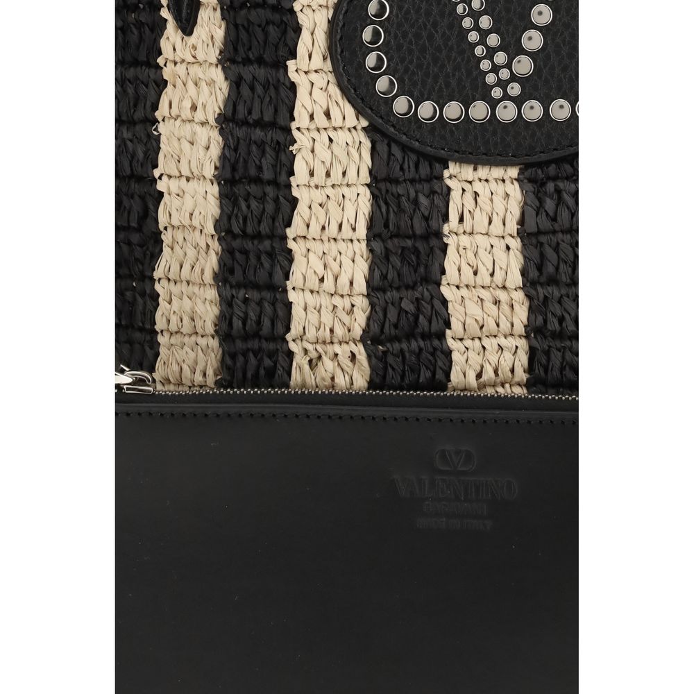 Valentino Garavani Black Striped Raffia Bucket Bag VLogo