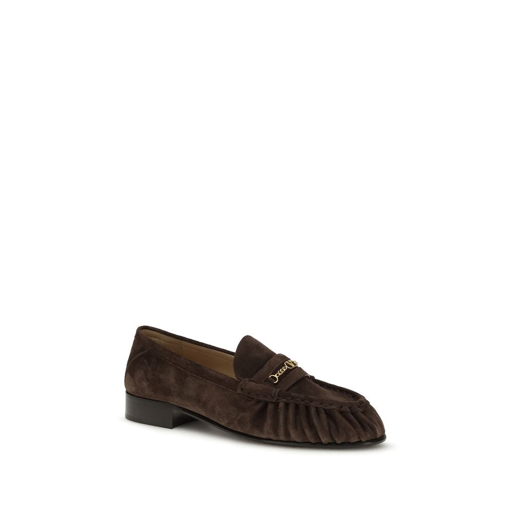 Valentino Garavani Brown Calfskin Block Heel Loafers VLogo Gold Chain