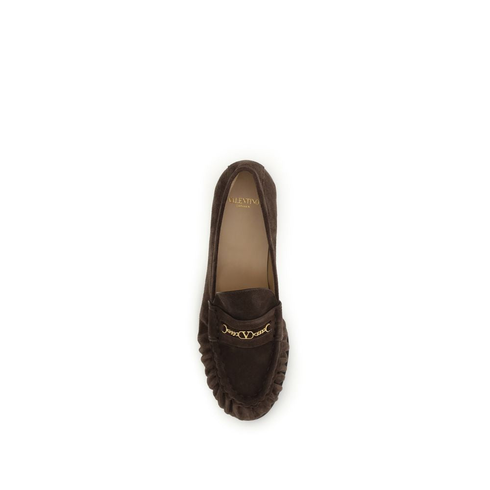 Valentino Garavani Brown Calfskin Block Heel Loafers VLogo Gold Chain