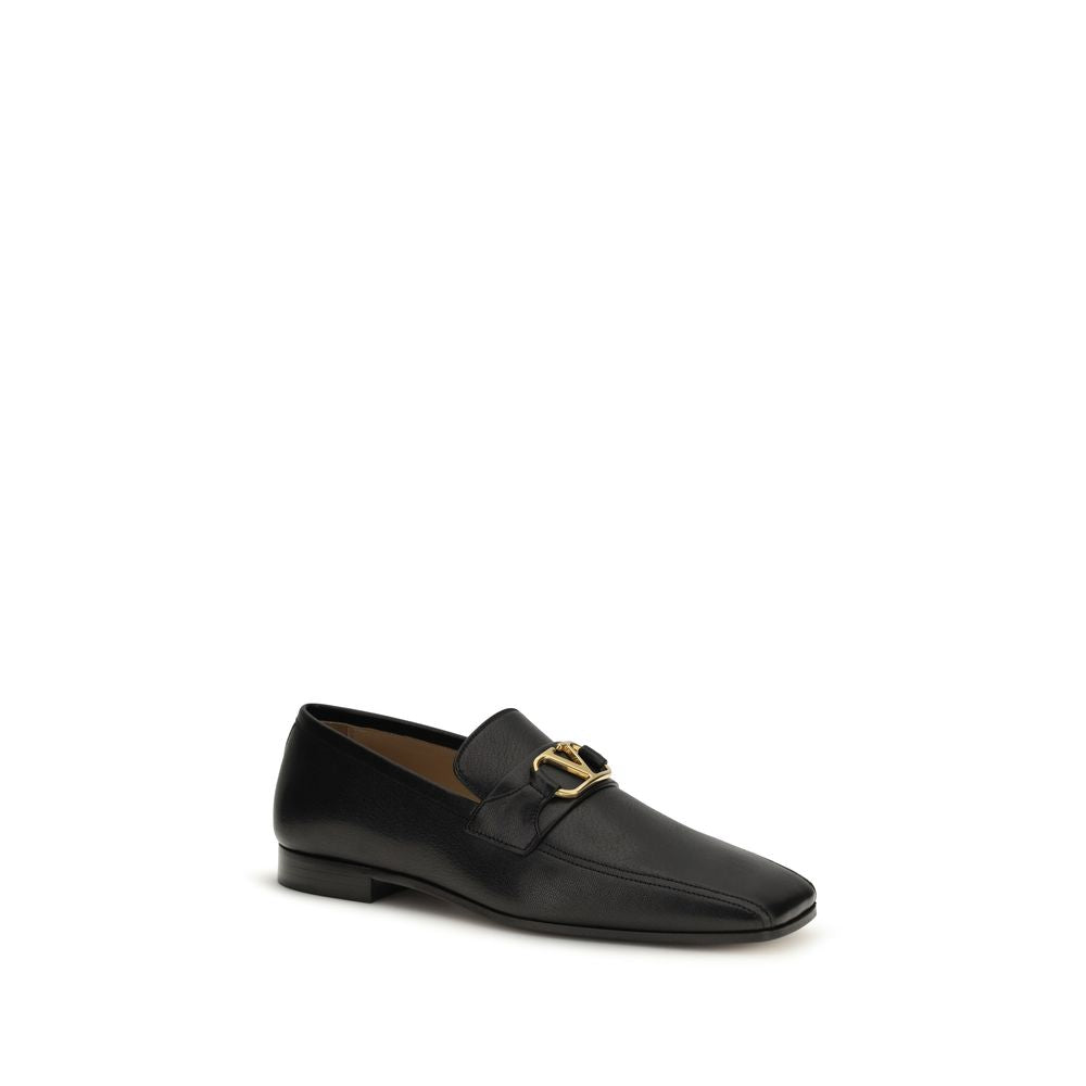 Valentino Garavani Black Goatskin Slip-On Loafers VLogo Antique Brass