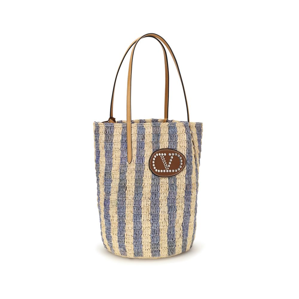 Valentino Garavani Blue Striped Raffia Bucket Bag VLogo