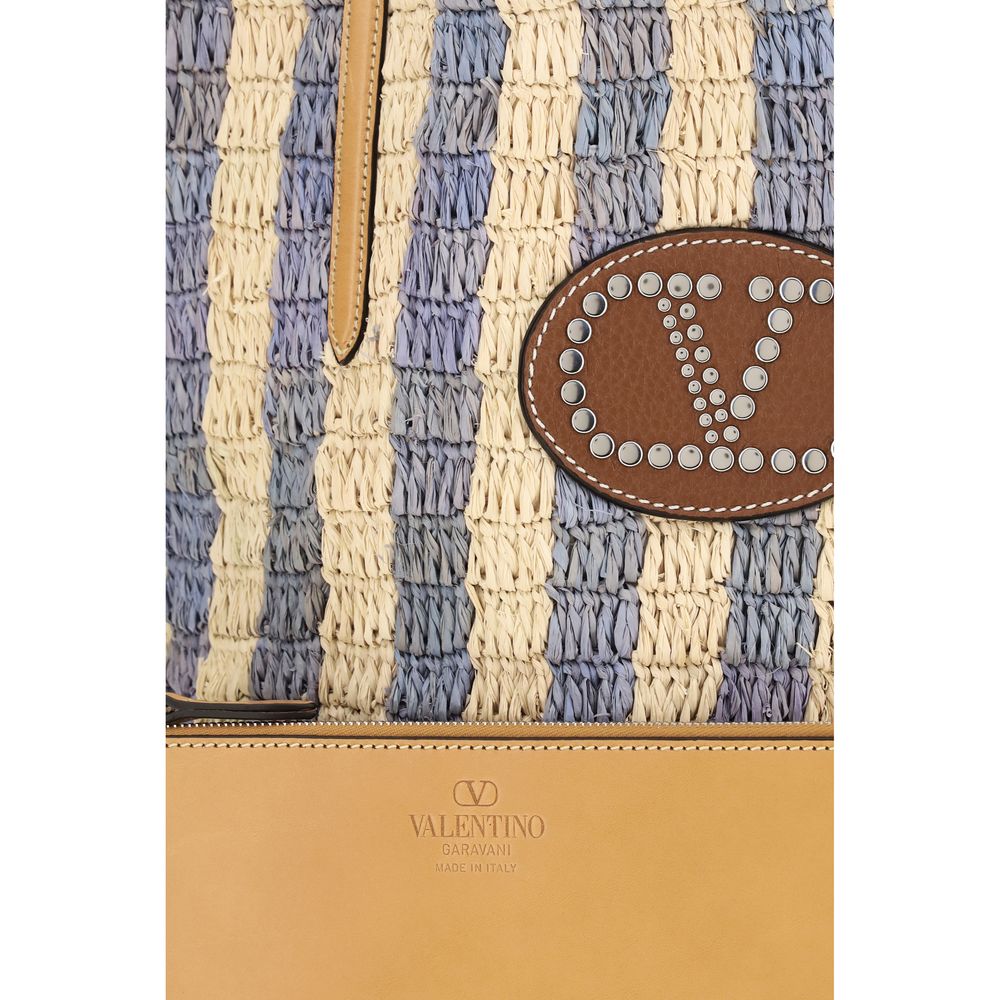 Valentino Garavani Blue Striped Raffia Bucket Bag VLogo