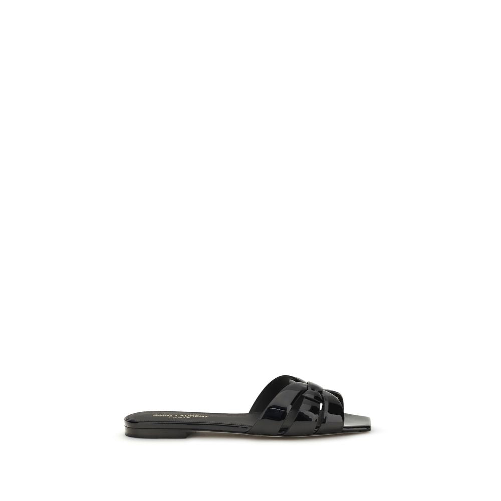 Saint Laurent Tribute Patent Leather Flat Sandals in Black | SS26