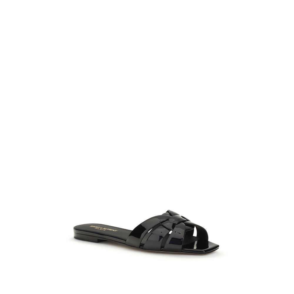 Saint Laurent Tribute Patent Leather Flat Sandals in Black | SS26
