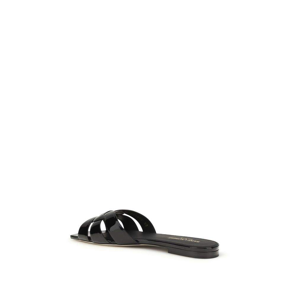 Saint Laurent Tribute Patent Leather Flat Sandals in Black | SS26