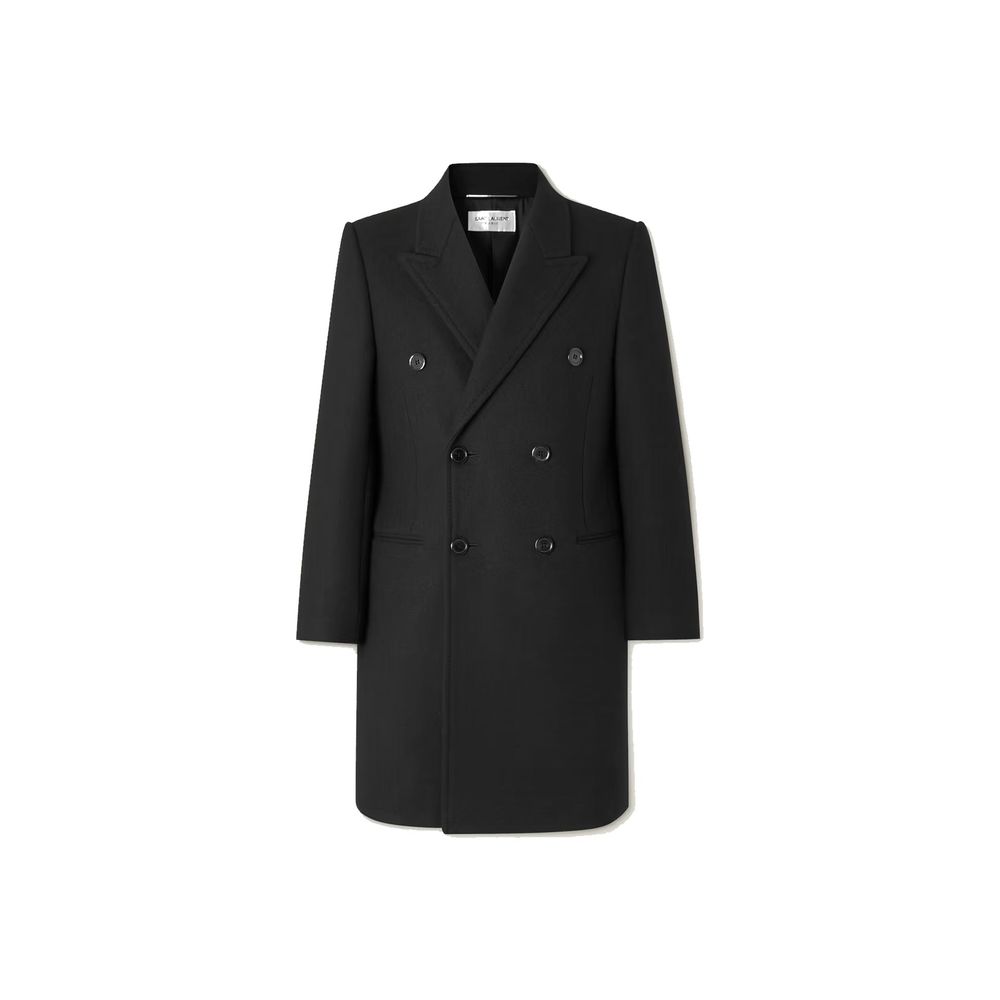 Saint Laurent Peak Lapel Wool Coat in Black | Made in Italy