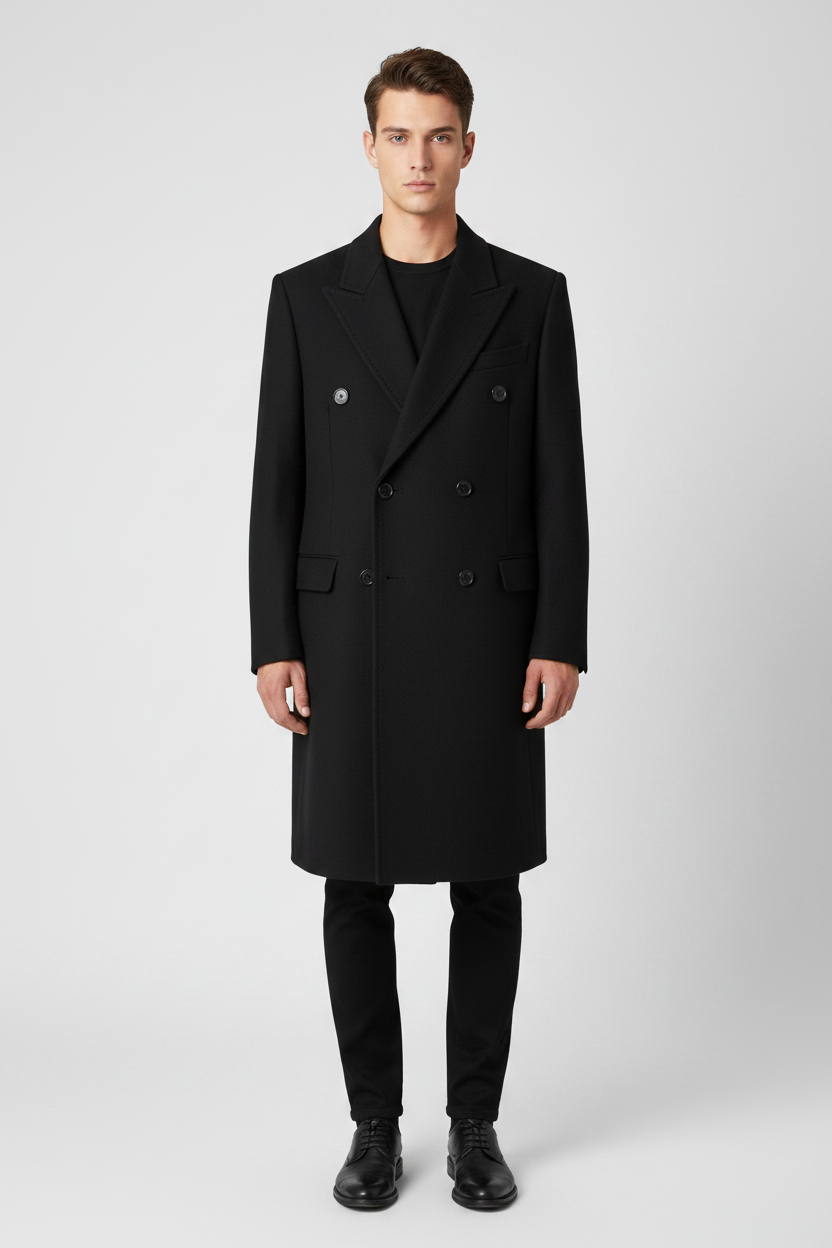 Saint Laurent Peak Lapel Wool Coat in Black | Made in Italy