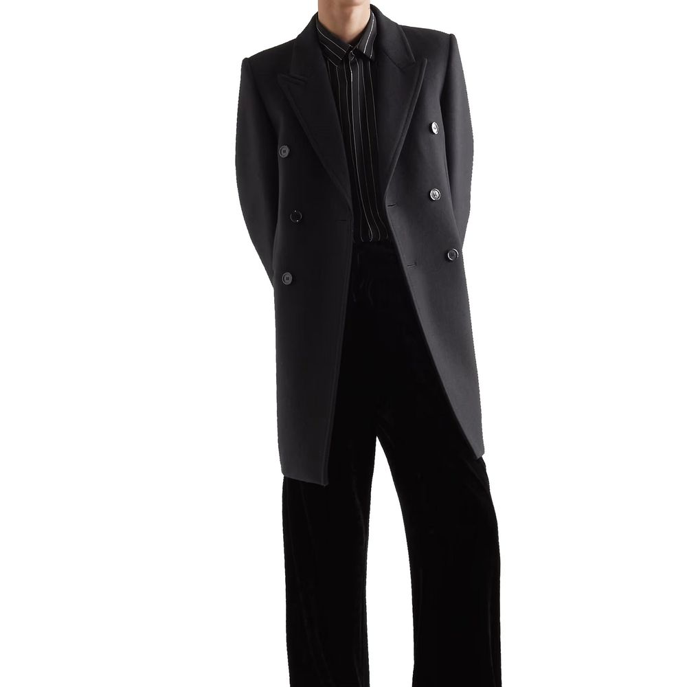 Saint Laurent Peak Lapel Wool Coat in Black | Made in Italy