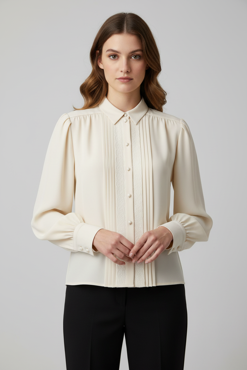 Valentino Garavani Beige Cady Couture Silk Shirt with Pleats