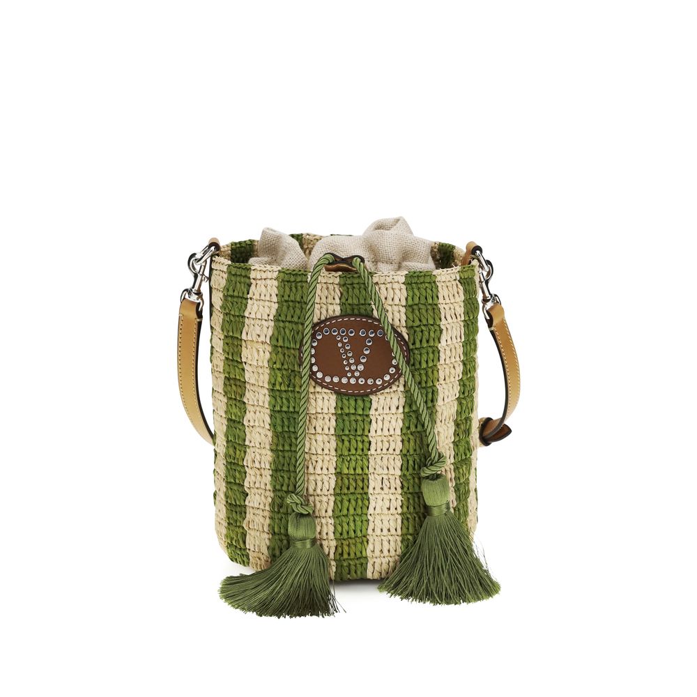 Valentino Garavani Bicolor Striped Raffia Bucket Bag