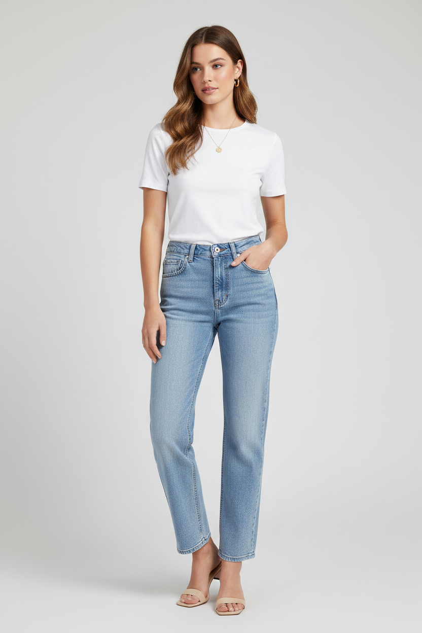 Blue Cotton Straight-Leg Jeans