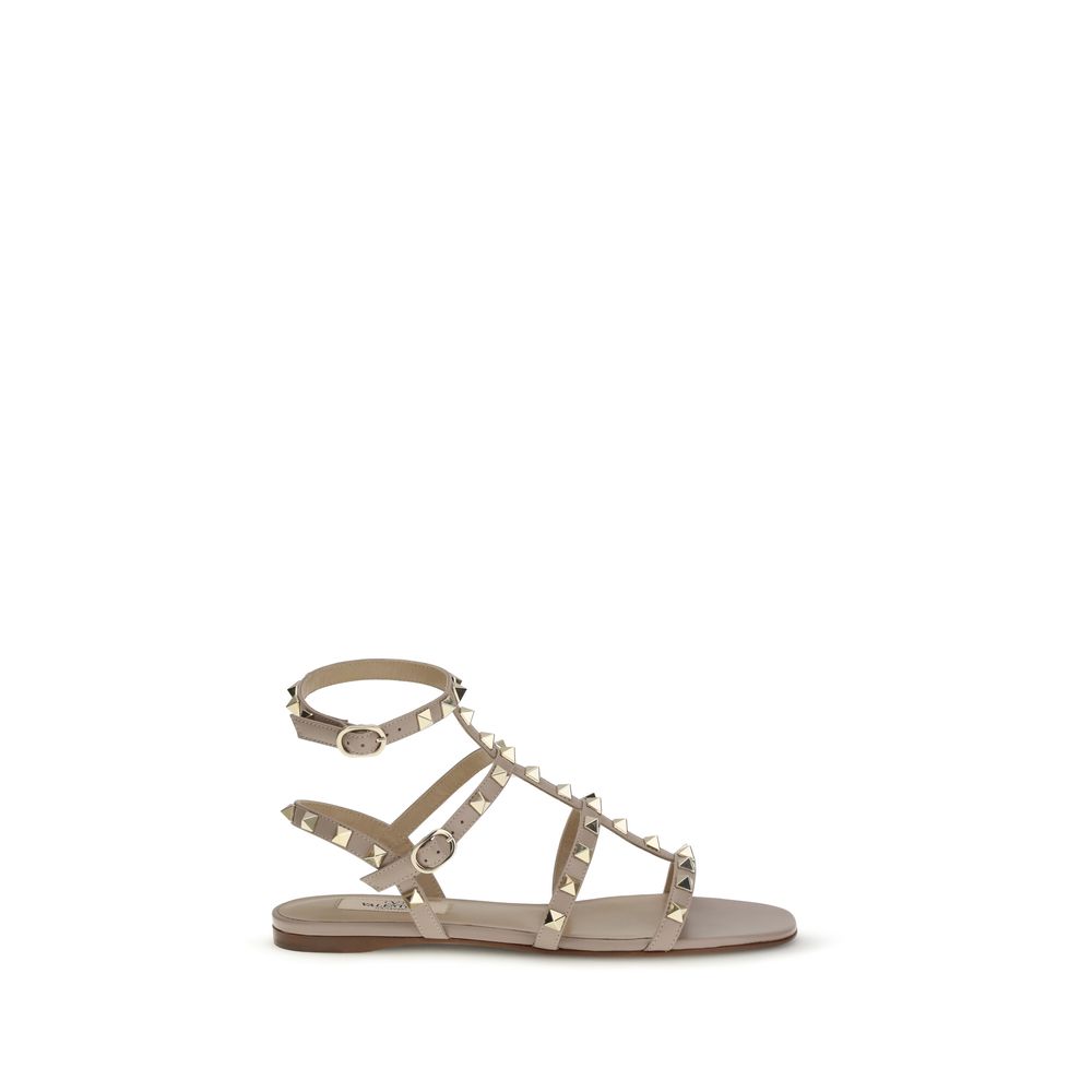 Valentino Garavani Rockstud Flat Leather Sandals in Beige | AW26