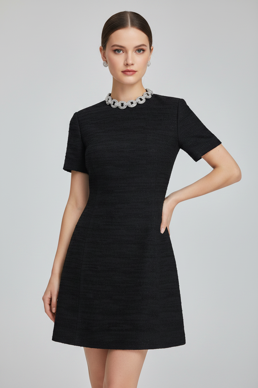 Valentino Crystal-Embellished Embroidered Mini Dress in Black