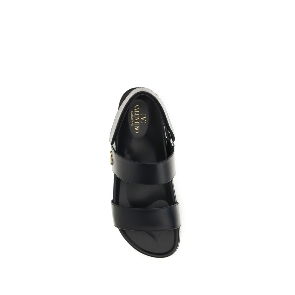 Valentino Garavani Studshield Black Calfskin Flat Sandals VLogo
