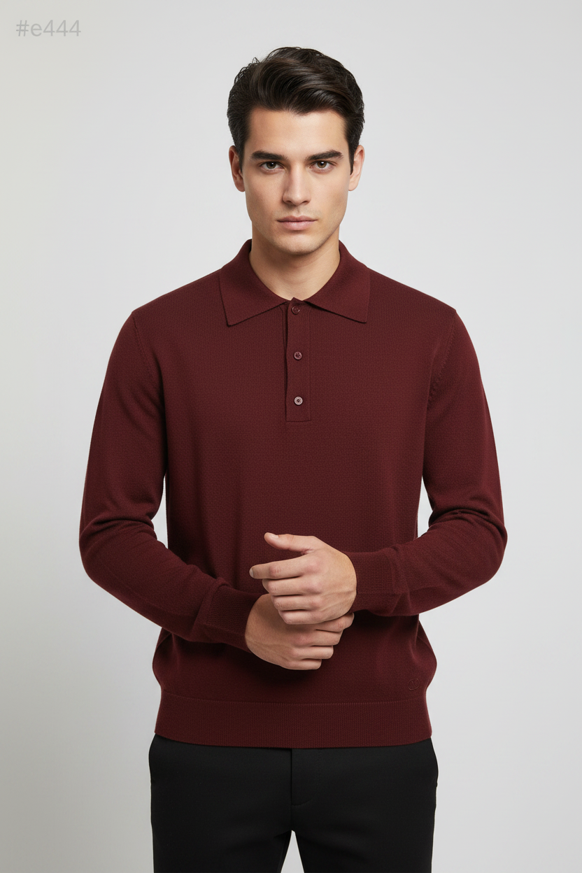 Valentino Garavani VLogo Long-Sleeve Merino Wool Polo Shirt in Bordeaux