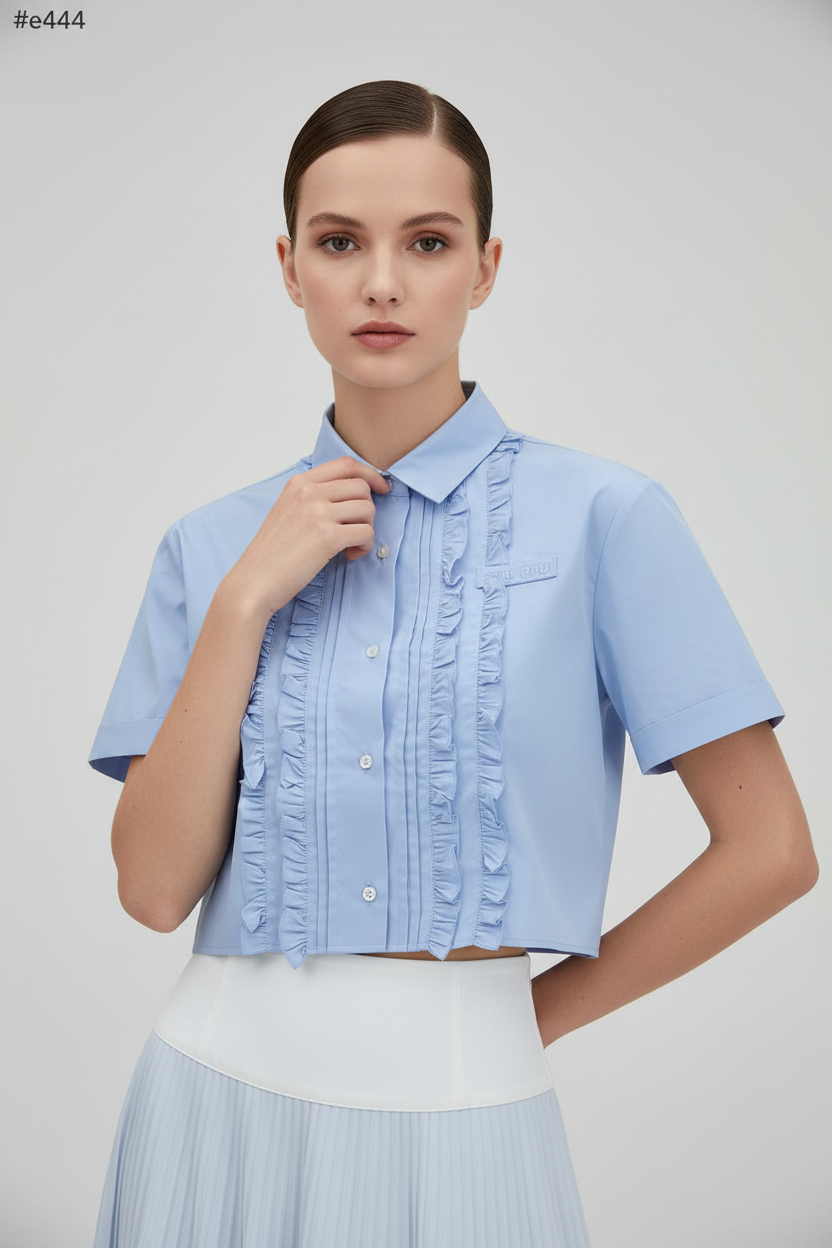 Miu Miu Blue Cotton Poplin Cropped Shirt Ruffle Detail Embroidered Application Raw-Cut Hem AW26 Women