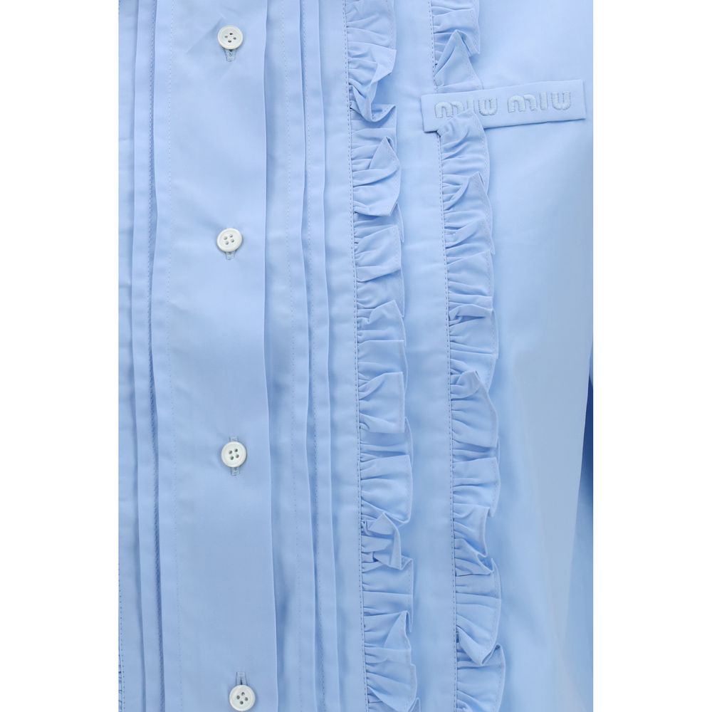 Miu Miu Blue Cotton Poplin Cropped Shirt Ruffle Detail Embroidered Application Raw-Cut Hem AW26 Women