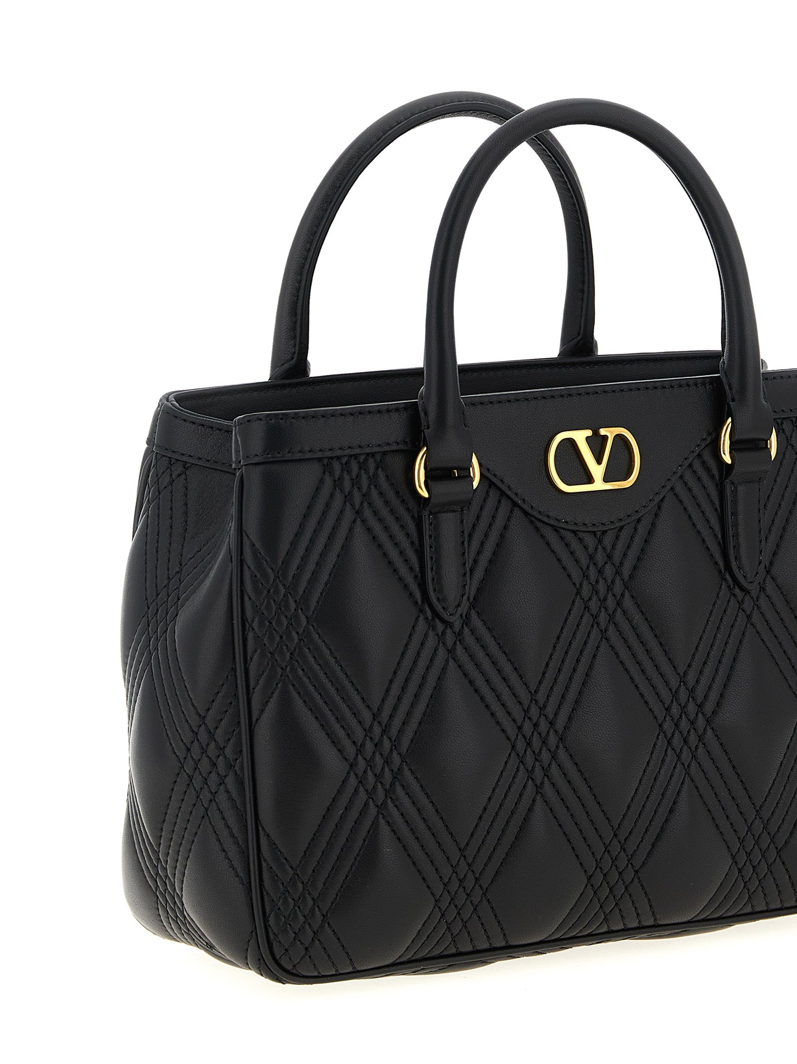 Valentino Garavani Quiltie 67 Black Quilted Nappa Leather Handbag Diamond Weave VLogo Antiqued Effect Women