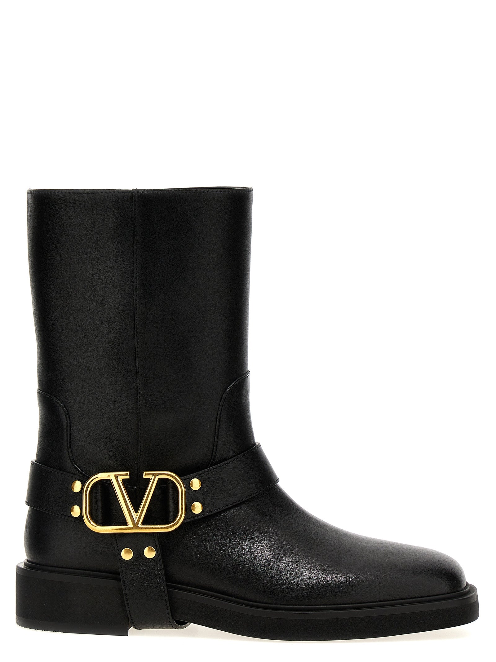Valentino Garavani Black Calfskin Ankle Boots VLogo Gold