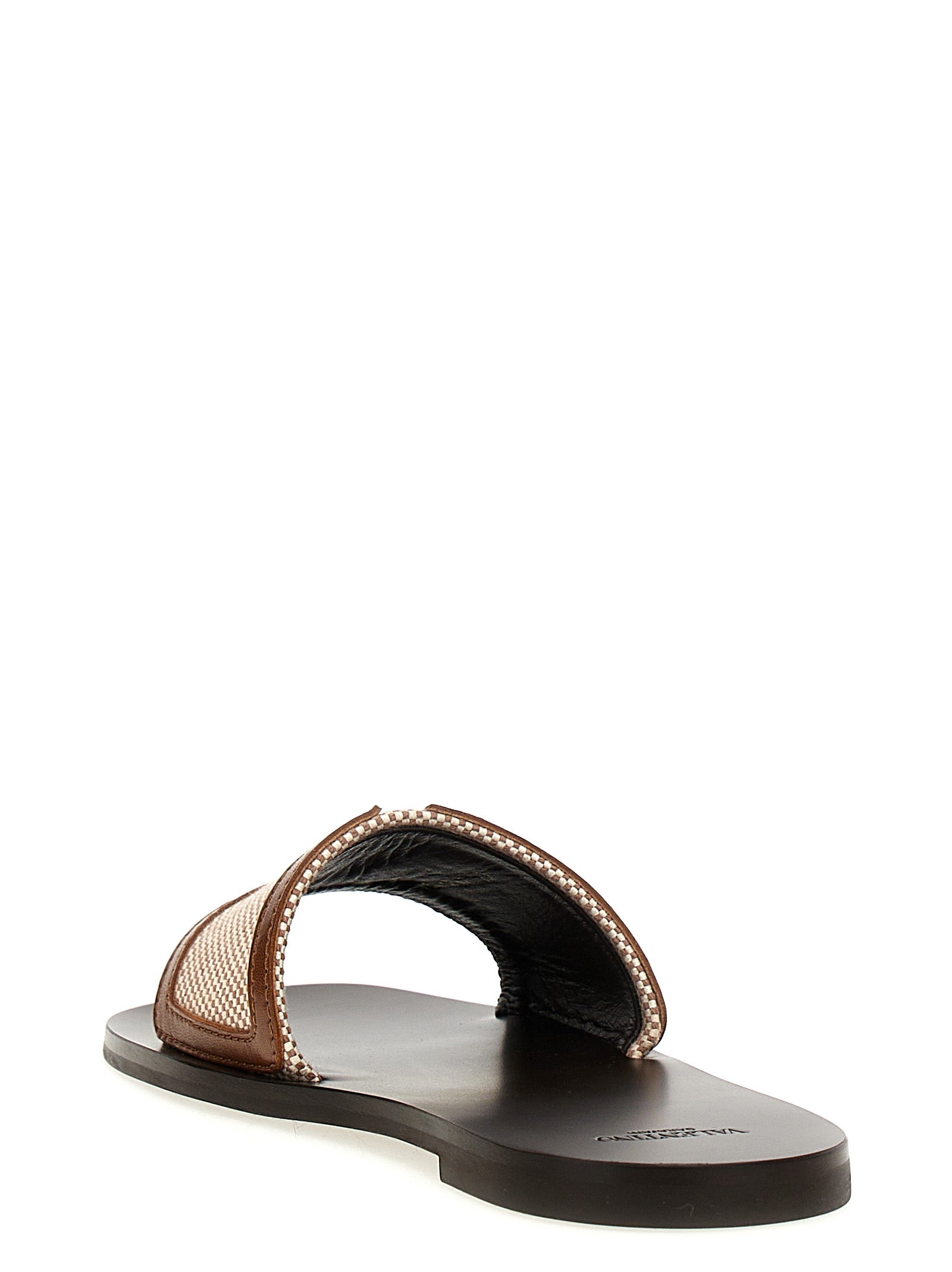 Valentino Garavani Brown Woven Canvas & Leather VLogo Slides