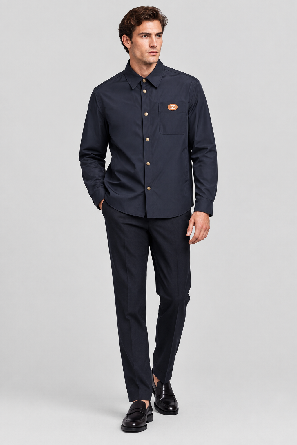 Valentino Garavani Shirt-Style Nylon Jacket in Blue | V Detail | Made in Italy