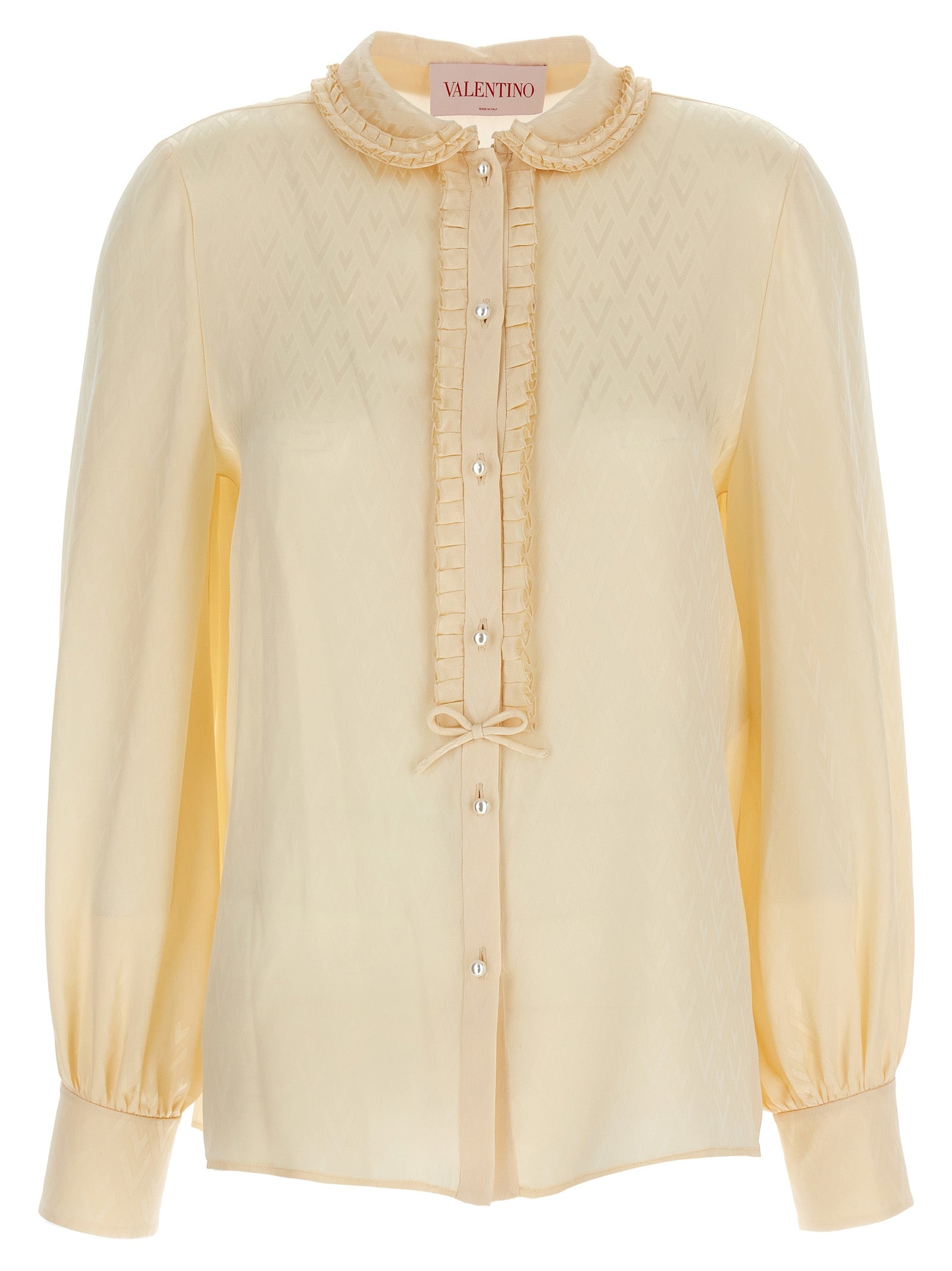 Valentino Garavani Toute la V Beige Silk Jacquard Ruffle Blouse