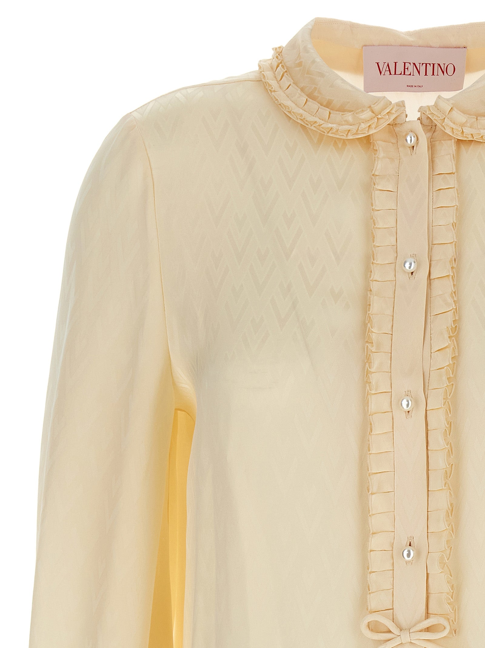 Valentino Garavani Toute la V Beige Silk Jacquard Ruffle Blouse