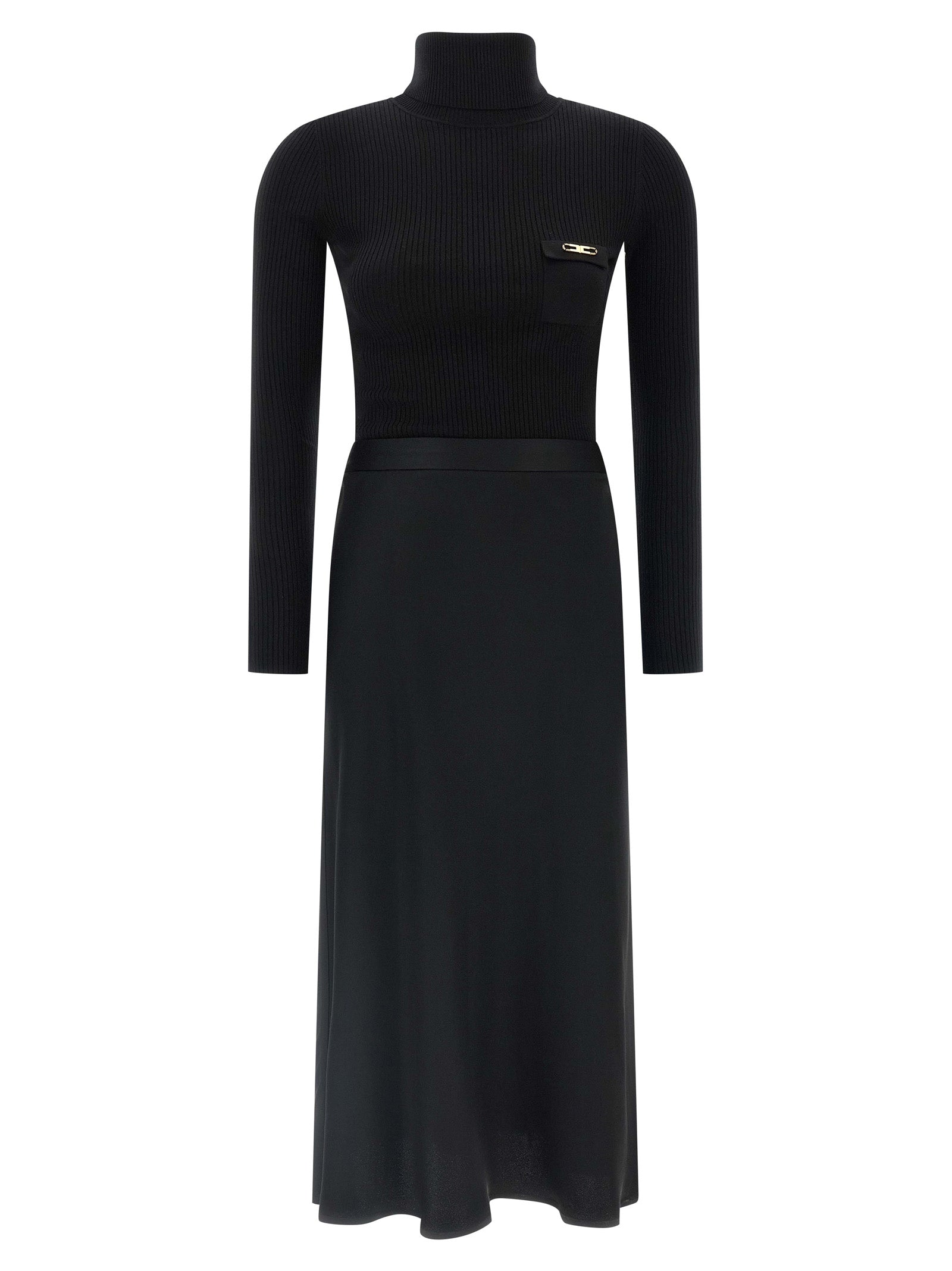 Elisabetta Franchi Black Turtleneck Midi Dress with Satin Skirt