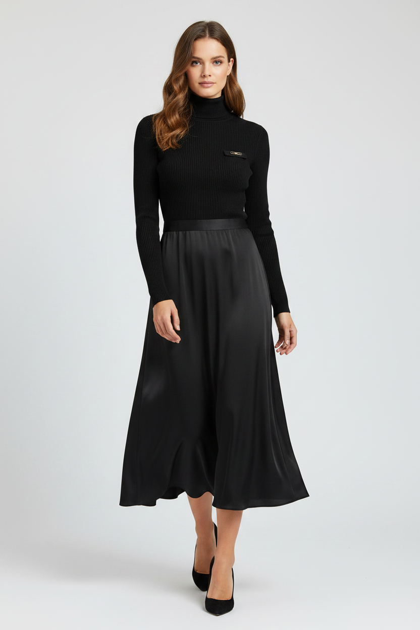 Elisabetta Franchi Black Turtleneck Midi Dress with Satin Skirt