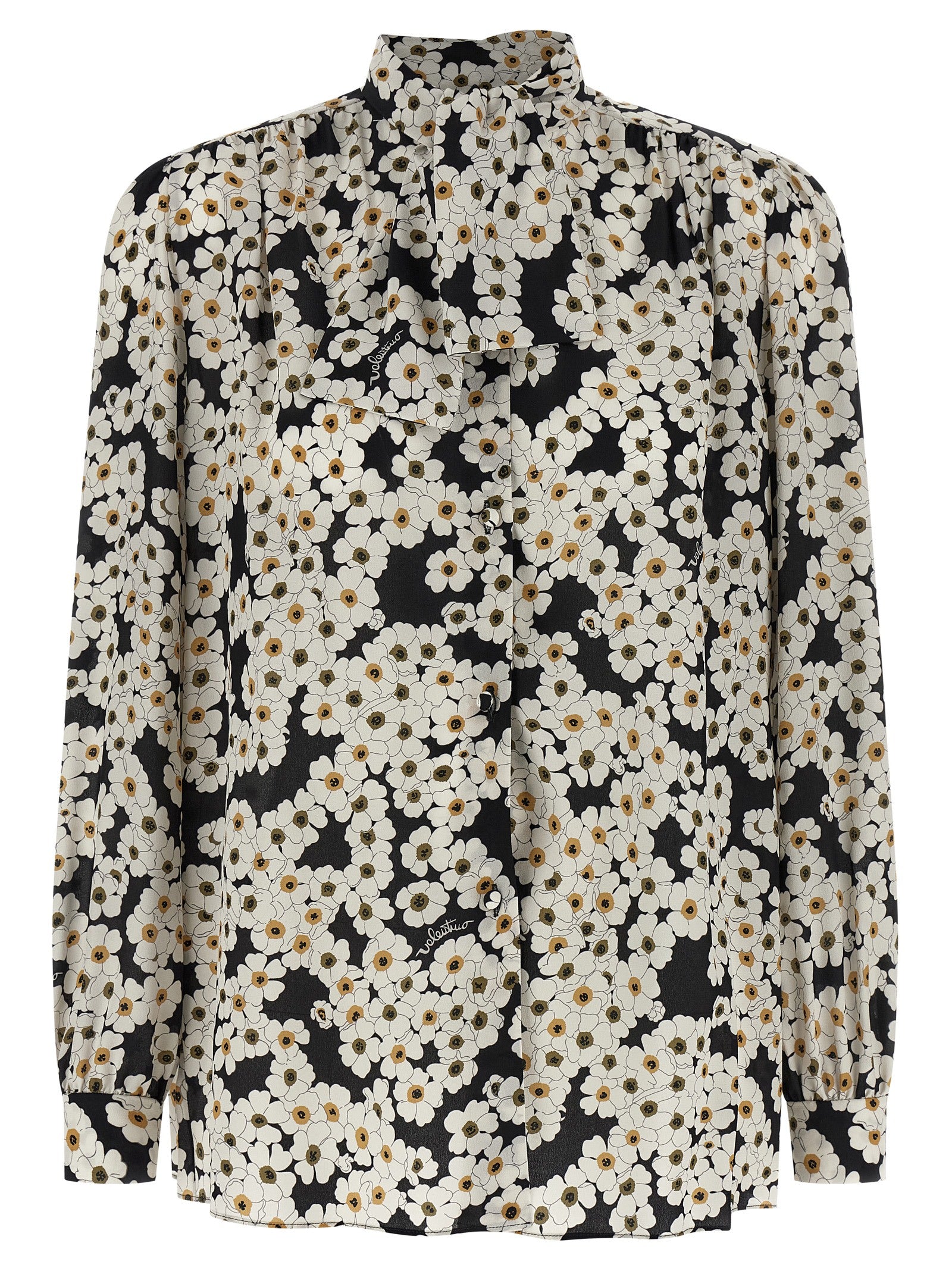 Valentino Garavani Après l'Hivier White Black Silk Crepe de Chine Blouse Puff Shoulders Scarf Detail Women