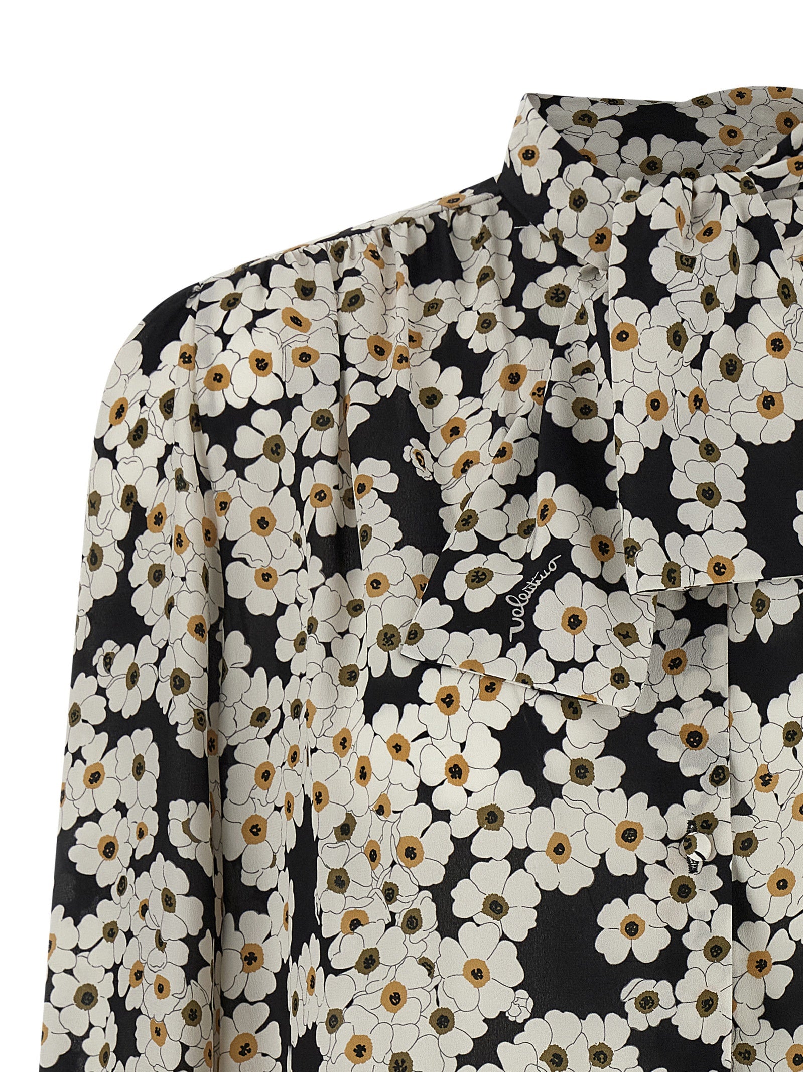 Valentino Garavani Après l'Hivier White Black Silk Crepe de Chine Blouse Puff Shoulders Scarf Detail Women